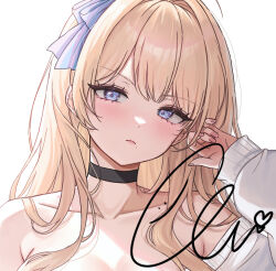 1girl bare_shoulders black_choker blonde_hair blue_bow blue_eyes blush bow breasts choker closed_mouth collarbone commentary ella_7737 hair_bow hair_over_shoulder hand_up highres long_hair long_sleeves looking_at_viewer mole mole_under_mouth off-shoulder_sweater off_shoulder original portrait signature simple_background solo sweater swept_bangs symbol-only_commentary white_background white_sweater