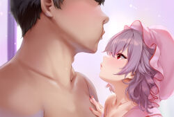1boy 1girl absurdres adam&#039;s_apple commission dress faceless faceless_male hat hetero highres lips medium_hair mob_cap nironiro petite pink_dress pink_hat pink_nails pixiv_commission purple_hair red_eyes remilia_scarlet touhou