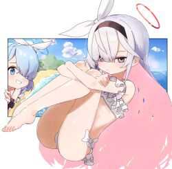 2girls arona_(blue_archive) beach bikini black_eyes blue_archive blue_eyes blue_hair blue_halo blue_pupils bow_hairband braid colored_inner_hair crossed_arms eunsa flat_chest frown hair_over_one_eye hairband halo highres hugging_own_legs invisible_chair light_blush loli long_hair looking_at_viewer medium_hair multicolored_hair multiple_girls ocean pink_hair plana_(blue_archive) red_halo red_pupils ribbon single_braid sitting smile swimsuit teeth white_bikini white_hair white_hairband white_ribbon