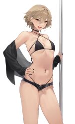 1girl absurdres applying_manicure bikini black_bikini black_nails black_shorts breasts brown_eyes fang hanawa_(sabotensuteeki) highres light_brown_hair looking_at_viewer medium_breasts nail_polish navel navel_piercing original piercing pole sabotensuteeki short_shorts shorts simple_background smile swimsuit white_background