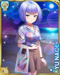 1girl bag beach black_skirt blue_eyes blue_hair blue_shirt blunt_bangs card character_name closed_mouth collarbone fireworks full_moon girlfriend_(kari) jewelry moon naoe_yu necklace night night_sky ocean official_art outdoors qp:flapper sand shirt short_hair skirt sky smile tagme