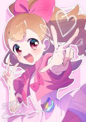 1girl artist_name border bow brown_hair collared_jacket commentary cowboy_shot dot_nose double_v dress eyelashes fingernails floating_clothes floating_hair grid_background hair_bow halftone happy high_ponytail highres inukai_komugi jacket layered_dress light_blush long_hair looking_at_viewer multicolored_hair open_mouth outline outside_border palms paru_rari pink_background pink_border pink_bow pink_dress pink_jacket ponytail precure puffy_short_sleeves puffy_sleeves red_eyes short_sleeves smile solo streaked_hair tareme v watermark watermark_grid white_outline wonderful_precure!