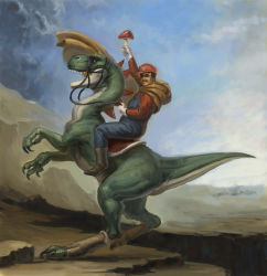 1boy cape dinosaur fine_art_parody male_focus mario mario_(series) mushroom nablange napoleon_bonaparte napoleon_crossing_the_alps nintendo parody riding super_mushroom yoshi
