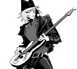 1boy absurdres animal_hat cat_hat chinese_commentary commentary_request cowboy_shot cropped_jacket facial_mark greyscale guitar hat highres holding holding_guitar holding_instrument instrument leotard looking_at_viewer male_focus monochrome music nyen_(randal&#039;s_friends) playing_guitar playing_instrument randal&#039;s_friends rustycr short_hair simple_background solo standing whisker_markings white_background
