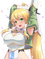 1girl armor armpits blonde_hair breastplate breasts covered_navel gloves green_eyes hair_between_eyes highres kawase_seiki large_breasts leafa_(sao) leafa_(terraria)_(sao) light_blush long_hair looking_at_viewer open_mouth solo sword_art_online sword_art_online:_alicization sword_art_online:_alicization_-_war_of_underworld very_long_hair