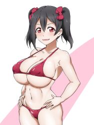 1girl alternate_breast_size bare_arms bikini black_hair blush bow breasts cleavage collarbone covered_erect_nipples hair_between_eyes hair_bow hand_on_own_hip huge_breasts looking_at_viewer love_live! navel open_mouth pink_background red_bikini red_bow short_twintails simple_background skindentation smile solo standing stomach swimsuit twintails underboob uzumi_(uzumi_yosi) white_background yazawa_nico
