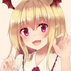 1girl :d beige_background blonde_hair blush fangs female_focus granblue_fantasy head_wings long_hair looking_at_viewer nikitan_(niki) open_mouth pink_eyes pointy_ears simple_background smile solo upper_body vampy wings