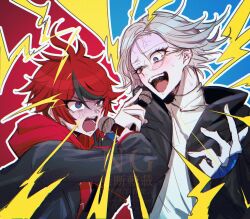 2boys ahoge anger_vein angry aotsuki_eito black_jacket black_streaks blue_background blue_eyes blush electricity glasses grey_eyes grey_hair hand_up haru_ruta high_collar highres holding holding_microphone hood hoodie jacket jacket_over_hoodie male_focus microphone multicolored_hair multiple_boys official_alternate_costume outline red_background red_hair red_hoodie shirt short_hair spoilers streaked_hair sumino_takumi the_hundred_line_-last_defense_academy- tower_records two-tone_background watermark white_outline white_shirt