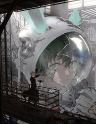 2boys alternate_universe arm_up bakugou_katsuki black_coat black_pants blonde_hair boku_no_hero_academia broken_glass closed_mouth coat commentary giant glass gloves goggles goggles_on_head green_eyes green_hair hair_between_eyes helmet highres homare04271 looking_at_another looking_to_the_side male_focus mechabare midoriya_izuku multiple_boys outstretched_arm pants pointing scaffolding scar scar_on_face short_hair space_helmet spiked_hair standing tube white_gloves