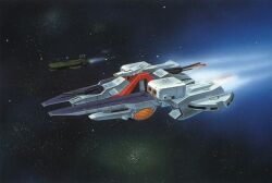 aeug argama artist_request beam_cannon box_art gundam hatch machinery missile_pod nebula no_humans official_art painting_(medium) radio_antenna scan science_fiction space spacecraft star_(sky) thrusters traditional_media vernier_thrusters window zeta_gundam