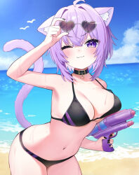 Rule 34 | 1girl, ;3, adjusting eyewear, ahoge, animal ears, bare shoulders, beach, belt, belt collar, bikini, bird, black belt, black bikini, black choker, black collar, black nails, blue sky, blush, breasts, cat choker, cat ears, cat girl, cat tail, choker, closed mouth, cloud, cloudy sky, collar, collarbone, day, fingernails, hair intakes, heart, heart-shaped eyewear, holding, holding water gun, hololive, large breasts, looking at viewer, medium hair, nail polish, navel, negima (le ne38), nekomata okayu, ocean, one eye closed, outdoors, purple eyes, purple hair, purple tail, seagull, sky, smile, solo, stomach, sunglasses, swimsuit, tail, thighs, virtual youtuber, water gun
