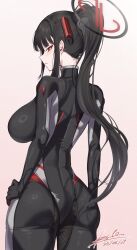 Rule 34 | 1girl, artist name, ass, black bodysuit, black hair, blue archive, blunt bangs, blush, bodysuit, breasts, dated, esto 0079, from behind, gradient background, halo, highres, large breasts, long hair, looking at viewer, looking back, parted lips, ponytail, red eyes, ringed eyes, rio (blue archive), rio (bodysuit) (blue archive), sidelocks, signature, skin tight, solo