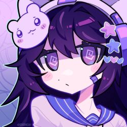 1girl @_@ analogous_colors animal_ear_headphones animal_ears animal_hair_ornament artist_name bandaid bandaid_on_cheek bandaid_on_face blue_background blue_outline blue_sailor_collar borrowed_character closed_mouth colored_lineart dot_nose double-parted_bangs fake_animal_ears flipped_hair gradient_background hair_ornament headphones heart heart_hair_ornament highres long_hair looking_at_viewer original outline pale_skin portrait purple_background purple_eyes purple_hair sailor_collar sashley shaded_face shirt single_hair_intake solo star_(symbol) star_hair_ornament white_shirt