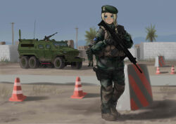 Rule 34 | 1girl, 2others, assault rifle, background activity, barricade, beret, blast wall, blonde hair, blue eyes, boots, braid, braided ponytail, building, camoflauge, checkpoint, desert, flag, foregrip, gloves, grass, green beret, gun, handgun, hat, holding, holding weapon, holster, mardjan, military, military uniform, military vehicle, multiple others, original, people, pine tree, pistol, ponytail, rifle, road, sand, scope, sky, smile, traffic cone, tree, trigger discipline, turret, turret truck, utility pole, vehicle, weapon