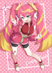 1girl absurdres bandages bare_shoulders blush boots breasts character_name collarbone crop_top duel_monster fang green_eyes hairband highres jacket ki-sikil_(yu-gi-oh!) live_twin_ki-sikil long_hair long_sleeves looking_at_viewer medium_breasts melozr midriff multicolored_hair navel open_mouth pink_boots pink_hair pink_jacket polka_dot polka_dot_background red_nails short_shorts shorts smile solo sparkle spiked_hairband spikes twintails two-tone_hair very_long_hair yu-gi-oh!