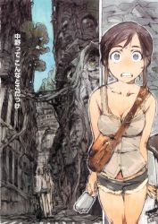 1girl architecture bad_id bad_tumblr_id bag bicycle blue_eyes bra_strap breasts brown_hair character_request city cleavage collarbone cutoffs female_focus food hair_ornament hairclip highres medium_breasts overgrown popsicle satchel short_shorts shorts solo sweatdrop thigh_gap toi8 translated wakusei_sanpo wide-eyed