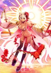 1girl absurdly_long_hair animal_ear_fluff animal_ears arms_behind_back bare_shoulders beach bikini blonde_hair daitouren_(fate) dark-skinned_female dark_skin detached_leggings detached_sleeves fate/grand_order fate_(series) floating floating_clothes floating_object floating_sword floating_weapon flower fox_ears fox_girl full_body game_cg glowing glowing_hair gradient_hair groin hair_flower hair_intakes hair_ornament halo halterneck japanese_clothes katana leaning_forward leg_up long_hair long_sleeves multicolored_hair nail_polish navel ocean official_art okobo outstretched_arms pelvic_curtain pink_hair platform_sandals red_eyes red_flower sandals sheath sheathed shoutouren_(fate) side-tie_bikini_bottom sidelocks solo splashing standing standing_on_one_leg stomach suzuka_gozen_(fate) suzuka_gozen_(swimsuit_rider)_(fate) suzuka_gozen_(swimsuit_rider)_(third_ascension)_(fate) swimsuit sword takenoko_seijin tassel third-party_source variant_set very_long_hair warm_colored weapon white_bikini white_sleeves wide_sleeves