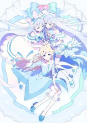 Rule 34 | 3girls, :o, absurdly long hair, aqua bow, aqua bowtie, aqua ribbon, bare shoulders, blonde hair, blue background, blue bow, blue brooch, blue crown, blue dress, blue eyes, blue footwear, blue hairband, blue shirt, blue sleeves, blunt bangs, blunt ends, boots, bow, bow legwear, bowtie, brooch, buttons, closed mouth, collarbone, collared dress, commentary, crown, cure nyammy, cure nyammy (diamond ribbon style), dot nose, dress, eyelashes, footwear bow, frilled arm warmers, frilled dress, frilled sleeves, frills, full body, gown, grey hair, hair bow, hair ornament, hairband, hand in own hair, hand on own knee, happy, hat, heads together, heart, heart brooch, high heel boots, high heels, highres, holding hands, interlocked fingers, jewelry, large bow, leggings, light blush, long dress, long hair, long sleeves, looking at viewer, magical girl, medium dress, mini crown, mini hat, multicolored ribbon, multiple girls, multiple persona, necklace, nekoyashiki yuki, off-shoulder dress, off shoulder, parted lips, pink bow, pink ribbon, precure, pumps, purple ribbon, ribbon, serizawa serizane, shirt, short sleeves, single stripe, sitting, sleeveless, sleeveless shirt, smile, straight hair, striped bow, striped bowtie, striped clothes, thigh boots, three-quarter sleeves, two-tone bow, very long hair, white arm warmers, white bow, white dress, white footwear, white hat, white leggings, white sleeve cuffs, wing hair ornament, winged hat, wonderful precure!
