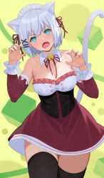1girl animal_ear_fluff animal_ears apron aqua_eyes bare_shoulders bell black_thighhighs breasts cat_ears cat_girl claw_pose cleavage detached_collar dress egert grey_hair highres large_breasts looking_at_viewer maid maid_apron maid_headdress neck_bell official_alternate_costume open_mouth short_hair siesta_(tantei_wa_mou_shindeiru) solo strapless strapless_dress tantei_wa_mou_shindeiru thighhighs waist_apron white_apron white_hair zettai_ryouiki