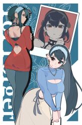 1girl absurdres alternate_costume bea_lenoir black_choker black_hair black_pantyhose blue_sweater breasts choker cleavage closed_mouth commentary cowboy_shot dress ear_piercing earrings feet_out_of_frame from_behind gold_earrings hairband highres jewelry large_breasts light_blush long_hair long_sleeves looking_at_viewer multiple_views necklace pantyhose piercing red_eyes red_sweater sidelocks skirt smile spy_x_family sweater sweater_dress turtleneck turtleneck_sweater upper_body white_hairband yor_briar