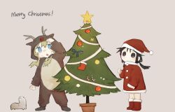 2girls animal_costume black_eyes black_hair blonde_hair blue_eyes boots chito_(shoujo_shuumatsu_ryokou) christmas christmas_tree commentary cosplay creature drawingreal2 dress full_body fur-trimmed_boots fur_trim hat kigurumi long_hair long_sleeves low_twintails merry_christmas multiple_girls nuko_(shoujo_shuumatsu_ryokou) open_mouth reindeer_costume santa_costume santa_dress santa_hat shoujo_shuumatsu_ryokou smile thumbs_up twintails yuuri_(shoujo_shuumatsu_ryokou)