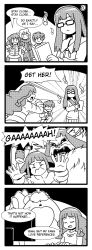 1girl 2boys amanokawa_hiro angoramon closed_eyes digimon digimon_ghost_game higashimitarai_kiyoshiro highres long_hair looking_at_another multiple_boys open_mouth ribbon sharp_teeth short_hair teeth tsukiyono_ruli