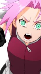 1girl black_gloves clenched_hand gloves green_eyes haruno_sakura hashtag-only_commentary incoming_attack kooda looking_at_viewer naruto_(series) naruto_shippuuden open_mouth pink_hair red_shirt shirt short_hair solo teeth upper_body white_background zipper_pull_tab