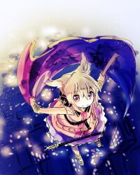 1girl belt black_belt black_collar blonde_hair blush bracelet brown_eyes cape city city_lights cityscape clip_studio_paint_(medium) collar collared_shirt earmuffs floating flower_pin flying gold_trim hair_between_eyes hair_ears haze jewelry light_blush light_particles looking_up makuwauri medium_hair pin purple_cape ribbon-trimmed_skirt ribbon_trim sandals scabbard sheath sheathed shirt skirt smile sun_ornament sword touhou toyosatomimi_no_miko unworn_cape weapon