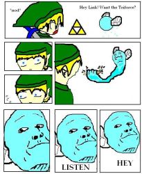 2boys aliasing blonde_hair blue_eyes card_crusher_(meme) english fairy link multiple_boys navi nintendo pointy_ears simple_background sweat the_legend_of_zelda triforce white_background wings