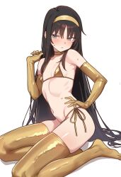 1girl absurdres bikini black_hair blue_eyes blush ebora elbow_gloves flat_chest gloves gold_bikini gold_gloves gold_thighhighs hand_on_own_hip hand_up headband highres long_hair looking_at_viewer micro_bikini navel solo string_bikini sweat swimsuit tohno_akiha tsukihime white_background