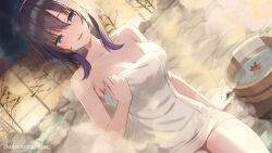 1girl arm_support bamboo_fence bare_arms blue_eyes blush breasts bucket cleavage collarbone fence hair_between_eyes highres large_breasts leaf long_hair looking_at_viewer maple_leaf night onsen open_mouth original purple_hair ringopan sidelocks sitting smile solo star_(sky) steam sweat teeth thighs towel upper_teeth_only watermark wet
