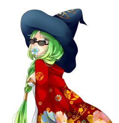 1girl blue_flower blue_hat braid breasts cape commentary_request dress eye_print floral_print_cape flower flower_over_mouth green_hair grey_eyes hat high_wizard_(ragnarok_online) long_hair looking_at_viewer medium_breasts meiko_(nattu303) ragnarok_online red_cape side_braid simple_background single_braid solo sunglasses upper_body white_background white_dress witch_hat