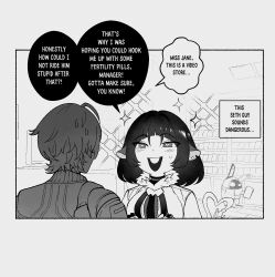 1girl 2boys animal_ears black_hair chibi chibi_only commentary english_commentary english_text eous_(zenless_zone_zero) greyscale highres jane_doe_(zenless_zone_zero) monochrome mouse_ears mouse_girl multiple_boys nyantcha speech_bubble wise_(zenless_zone_zero) zenless_zone_zero