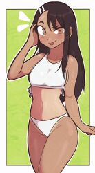 1girl bikini blush breasts brown_eyes brown_hair flat_chest highres ijiranaide_nagatoro-san jeffmiga looking_at_viewer nagatoro_hayase navel small_breasts swimsuit tan tanline thighs tongue tongue_out white_bikini