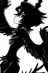 Rule 34 | 1girl, claws, commentary request, cowboy shot, feather hair, feathered wings, feathers, greyscale, harpy, highres, horns, kakke666, korean commentary, looking at viewer, monochrome, monster girl, original, short hair, simple background, solo, white background, winged arms, wings