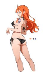 1girl alternate_costume ass back bare_arms bare_legs bare_shoulders bikini black_bikini breasts commentary cropped_legs curvy from_behind from_side halterneck highres kasumi_6 kneepits large_breasts legs light_blush long_hair looking_at_viewer nami_(one_piece) one_piece open_mouth orange_hair shiny_skin shoulder_tattoo side-tie_bikini_bottom simple_background single_sidelock solo string_bikini swimsuit symbol-only_commentary tattoo thighs thong thong_bikini wavy_hair white_background wide_hips