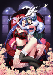 2girls ass bad_anatomy blue_hair breasts brown_hair bug butterfly chair crown_of_thorns fishnets flower green_hair highres horns insect large_breasts legs lips long_hair long_legs multiple_girls navel nipples original panties see-through_clothes thighhighs thighs twintails ukero underboob underwear yuri