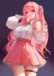 Rule 34 | 1girl, absurdres, blush, breasts, collared shirt, finger heart, flower, frilled shirt, frills, gradient background, hair flower, hair ornament, highres, hololive, hololive english, lazik 1337, long hair, long sleeves, mori calliope, mori calliope (kawaiiope), one side up, pink eyes, pink hair, pink nails, pink skirt, shirt, skirt, smile, solo, thigh strap, thighs, virtual youtuber, white shirt