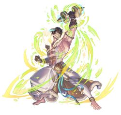 Rule 34 | 1boy, abs, arm up, armpits, attack, barefoot, biceps, body markings, brown eyes, brown hair, collarbone, dumbbell, eikthyrnir (fire emblem), eikthyrnir (resolved to train) (fire emblem), fighting stance, fingerless gloves, fire emblem, fire emblem heroes, full body, gloves, golden arms, headdress, holding, holding dumbbell, large pectorals, male focus, mask, mouth mask, muscular, muscular male, nintendo, nishiki areku, official alternate costume, official art, pants, pectorals, short hair, simple background, solo, toga, white background, white pants