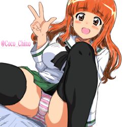 1girl black_sailor_collar black_thighhighs blush breasts coco_chino girls_und_panzer green_skirt happy large_breasts long_hair looking_at_viewer ooarai_school_uniform open_mouth orange_hair panties sailor_collar school_uniform shirt simple_background sitting sketch skirt solo striped_clothes striped_panties takebe_saori thighhighs twitter_username underwear v white_background white_shirt