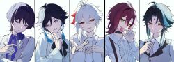5boys absurdres alternate_costume black_choker black_hair blue_eyes blue_hair candy choker closed_mouth collared_shirt facial_hair facial_mark food forehead_mark genshin_impact green_eyes heart heart-shaped_food heart-shaped_lollipop highres holding holding_candy holding_food holding_lollipop index_finger_raised kaedehara_kazuha lollipop looking_at_viewer macaron male_focus multicolored_hair multiple_boys necktie okakinako open_mouth purple_eyes red_eyes red_hair scaramouche_(genshin_impact) shaped_lollipop shikanoin_heizou shirt simple_background streaked_hair venti_(genshin_impact) vest white_background white_hair white_necktie white_shirt xiao_(genshin_impact)