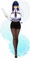Rule 34 | 1girl, absurdres, adjusting eyewear, alternate costume, ankle strap, artist name, ascot, belt, black pantyhose, blue eyes, blue hair, blue nails, blunt bangs, blunt ends, blunt sidelocks, breasts, business casual, chest belt, chest harness, collared shirt, dress shirt, earrings, fingernails, glasses, hair intakes, hair over shoulder, harness, high heels, highres, hip vent, holding, holding paper, hololive, hololive english, huge breasts, jewelry, long sleeves, miniskirt, nail polish, necktie, o-ring, o-ring belt, office lady, open mouth, ouro kronii, pantyhose, paper, pencil skirt, rectangular eyewear, ryu seung, shirt, sidelocks, signature, simple background, single earring, skirt, solo, standing, straight-on, taut clothes, tight clothes, tight shirt, virtual youtuber, white shirt