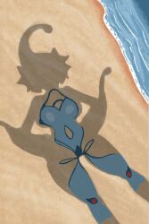 1girl absurdres anythinggoes beach blue_one-piece_swimsuit breasts digimon digimon_(creature) dressed_shadow_(meme) highres implied_nudity large_breasts meme one-piece_swimsuit ranamon sand shadow solo swimsuit water