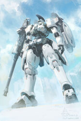 Rule 34 | arms at sides, artist name, assault visor, beam rifle, blue sky, blue visor, cloud, cloudy sky, dated, day, energy gun, from below, full body, glacier, gundam, gundam wing, highres, mecha, mecha focus, mobile suit, no humans, outdoors, robot, science fiction, shield, sky, snow, solo, standing, tallgeese, weapon, windforcelan