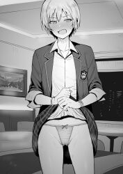 Rule 34 | 1girl, averting eyes, blush, bow, bow panties, bracelet, briefs, cameltoe, clothes lift, coat, collarbone, cowboy shot, facing viewer, fang, flat chest, full-face blush, gluteal fold, greyscale, highres, hotel room, idolmaster, idolmaster shiny colors, indoors, jacket, jewelry, lifting own clothes, long sleeves, male underwear, monochrome, open clothes, open coat, open jacket, open mouth, panties, plaid clothes, plaid skirt, pussy juice stain, saijo juri, school uniform, short hair, skirt, skirt lift, solo, standing, sweatdrop, tsurui, underwear