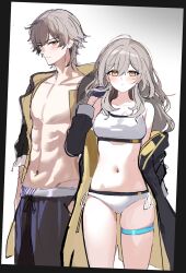 Rule 34 | 1boy, 1girl, black gloves, black jacket, black pants, breasts, caelus (honkai: star rail), cowboy shot, dual persona, gloves, green hair, highres, honkai: star rail, honkai (series), jacket, long hair, navel, open clothes, open jacket, panties, pants, sak (lemondisk), short hair, sports bra, stelle (honkai: star rail), thigh strap, trailblazer (honkai: star rail), underwear, unfinished, white panties, white sports bra, yellow eyes