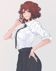 Rule 34 | 1girl, arm tattoo, black necktie, black skirt, breasts, closed mouth, collared shirt, cowboy shot, elliemaplefox, finger to cheek, hand on own hip, hand tattoo, highres, holding, holding pen, index finger raised, large breasts, looking at viewer, mole, mole under eye, necktie, original, pen, purple eyes, red hair, shirt, shirt tucked in, short hair, short sleeves, simple background, skirt, sleeves rolled up, smile, solo, tattoo, white background, white shirt
