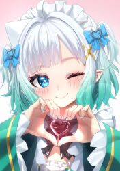 1girl ;) absurdres blue_bow blue_eyes blunt_bangs bow bowtie brown_bow brown_bowtie fang frills ghostenjoyerguy7007 gradient_background gradient_hair green_hair green_nails green_sleeves hair_bow hair_ornament hairclip heart heart_hands highres indie_virtual_youtuber looking_at_viewer maid_headdress mint_fantome mint_fantome_(minto_2.0) multicolored_hair nail_polish one_eye_closed parted_bangs pink_background pointy_ears short_hair simple_background skin_fang smile solo straight-on triangular_headpiece two_side_up virtual_youtuber wavy_hair white_background white_hair wide_sleeves x_hair_ornament