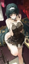 Rule 34 | 1girl, ;), absurdres, astra yao, astra yao (chandelier), black dress, black hair, breasts, closed mouth, clothes in front, commentary request, dress, earrings, foot out of frame, from above, goomrrat, hair spread out, hairband, hand up, high heels, highres, holding, holding unworn clothes, holding unworn dress, indoors, jewelry, large breasts, long hair, nude, official alternate costume, one eye closed, orange eyes, smile, solo, sunglasses, unworn dress, unworn eyewear, very long hair, white hairband, zenless zone zero