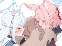 1boy 2girls :&gt;= anilingus animal_ear_fluff animal_ears blue_archive blue_halo blue_serafuku censored erection face_in_ass fake_animal_ears fellatio female_rimming_male ffm_threesome fox_ears fox_girl group_sex halo hetero highres large_penis licking miyako_(blue_archive) multiple_girls niko_(blue_archive) oral oral_sandwich penis pink_hair rikoping2000 school_uniform serafuku sweat tactical_school_uniform teamwork_(sexual) threesome trembling x-ray
